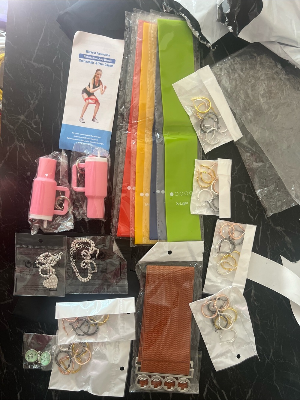 Earrings, keychains, anklets, bracelets, belts